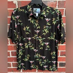AFTCO Bluewater Black Martini Print Short Sleeve Button Up M Hawaiian Shirt Z7
